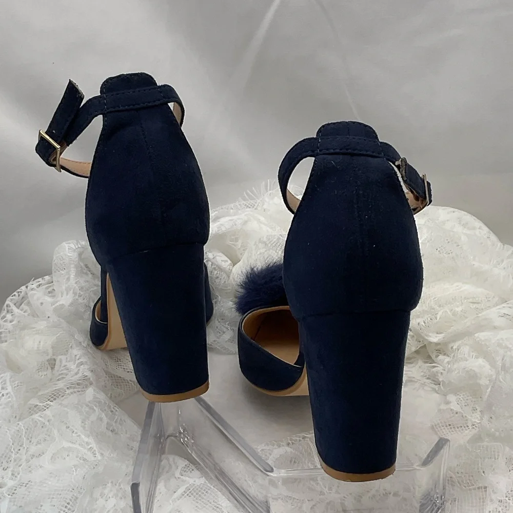 Zalore Women’s Sz6.5 Navy Blue Pointed-Toe Featuring Pom-Poms Women's Heels 0205